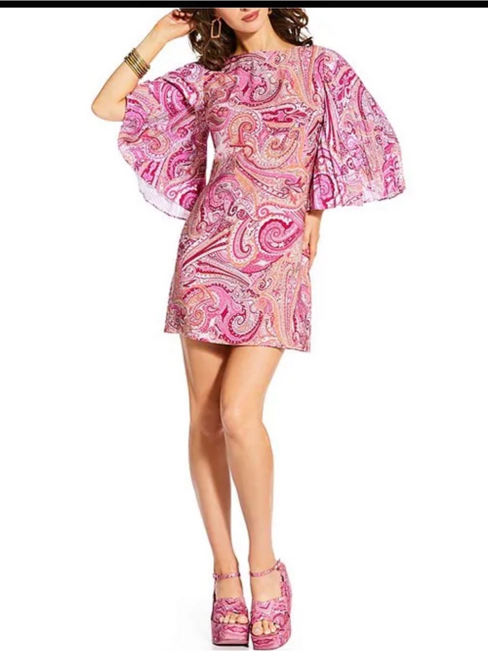 Antonio Malone Pink Paisley Bell-Sleeve Mini Dress